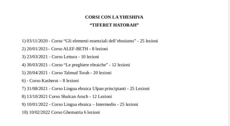 Elenco dei corsi seguiti dagli allievi della Casa di Avraham per la preparazione al Ghiur. Il corsi sono tenuti dal Prof. Bruno Poggi sotto la guida del Rav Scialom Mino Bahbout.